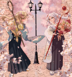 Rule 34 | 2girls, :d, black hakama, blonde hair, bouquet, cherry blossoms, day, dungeon meshi, eye contact, floral print, flower, frieren, green eyes, hakama, highres, holding, holding bouquet, holding staff, japanese clothes, kitashinamon, lamppost, looking at another, marcille donato, multiple girls, open mouth, outdoors, pointy ears, smile, socks, sousou no frieren, staff, standing, trait connection, twintails, white hair, wide sleeves