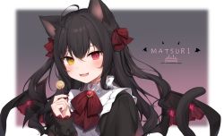 Rule 34 | 1girl, :d, ahoge, amashiro natsuki, animal ear fluff, animal ears, bat wings, black hair, black shirt, black wings, bow, brooch, candy, cat ears, cat girl, cat tail, commentary request, copyright request, fangs, food, hair bow, hand up, heterochromia, highres, holding, holding candy, holding food, holding lollipop, jewelry, lollipop, long hair, long sleeves, nail polish, open mouth, puffy long sleeves, puffy sleeves, purple nails, red bow, red eyes, shirt, smile, solo, tail, tail raised, two side up, upper body, very long hair, wings, yellow eyes
