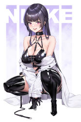 Rule 34 | 1girl, absurdres, bare shoulders, between legs, bikini, bikini top only, black bikini, black footwear, black gloves, black hair, black skirt, blush, boots, breasts, chain, chain leash, chest harness, cleavage, coat, collar, collarbone, gaosu gong lu, gloves, goddess of victory: nikke, hand between legs, harness, heart, heart-shaped pupils, high heel boots, high heels, highres, large breasts, latex skirt, leash, leather, leather bikini, leather boots, leather skirt, long hair, long sleeves, looking at viewer, mihara (nikke), miniskirt, navel, o-ring, o-ring harness, o-ring top, off shoulder, parted lips, pencil skirt, pouch, purple eyes, sidelocks, simple background, sitting, skindentation, skirt, smile, solo, spiked collar, spikes, stomach, swimsuit, symbol-shaped pupils, thigh boots, thigh pouch, white background, white coat
