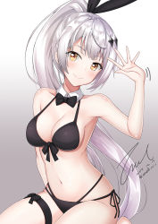 Rule 34 | 1girl, artist name, bikini, black bikini, blush, breasts, closed mouth, dated, five-seven (cruise queen) (girls&#039; frontline), five-seven (girls&#039; frontline), front-tie bikini top, front-tie top, girls&#039; frontline, gradient background, hand up, long hair, looking at viewer, medium breasts, navel, official alternate costume, side-tie bikini bottom, sidelocks, signature, silver hair, sitting, smile, solo, swimsuit, thigh strap, thighs, twitter username, unel1211, very long hair, yellow eyes