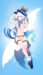 Rule 34 | 1girl, arm up, armpits, artist logo, asymmetrical gloves, black gloves, blue brooch, blue eyes, blue hair, blue hat, blush, bow, bowtie, breasts, brooch, cleft of venus, closed mouth, commentary, cowlick, drop-shaped pupils, english commentary, eyes visible through hair, frills, full body, furina (genshin impact), genshin impact, gloves, groin, hair between eyes, hair over one eye, half gloves, hand up, hat, heterochromia, highres, jewelry, light blue hair, light smile, lips, long hair, looking at viewer, matemi, mismatched gloves, mismatched pupils, multicolored hair, navel, nipples, nude, parted bangs, petite, pussy, shoes, sitting, small breasts, solo, stomach, symbol-shaped pupils, top hat, very long hair, white gloves, white hair