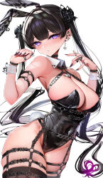Rule 34 | 1girl, :/, absurdres, animal ears, arm strap, arm up, armpits, barbell piercing, bare shoulders, belt, black belt, black bow, black garter belt, black hair, black nails, black thighhighs, bow, buckle, chest belt, closed mouth, collar, covered navel, cowboy shot, detached collar, ear piercing, earrings, fake animal ears, fake tail, fingernails, garter belt, hair bow, hand up, heart, heart-shaped lock, highleg, highleg leotard, highres, industrial piercing, inverted cross earrings, jewelry, leotard, long fingernails, long hair, looking at viewer, lumium, multiple piercings, original, piercing, playboy bunny, purple eyes, rabbit tail, revision, ring, simple background, solo, tail, thigh strap, thighhighs, twintails, very long hair, white background, white collar, wing collar, wrist belt, wrist cuffs
