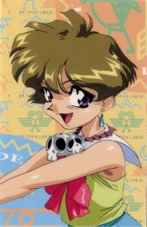 Rule 34 | 1990s (style), 1girl, blouse, blue eyes, brown hair, crystal earrings, earrings, jewelry, jungle de ikou, looking at viewer, necklace, official art, open mouth, retro artstyle, rokudo natsumi, shirt, short hair, skull necklace, sleeveless, sleeveless shirt, solo
