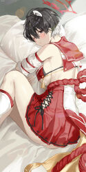 Rule 34 | 1girl, ass, bed sheet, black eyes, black hair, blue archive, breasts, cross-laced clothes, cross-laced skirt, hair between eyes, halo, haruri, highres, large breasts, one eye closed, parted lips, pleated skirt, red halo, red skirt, rope, shimenawa, short hair, skirt, solo, tagme, tsubaki (blue archive)