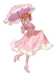 Rule 34 | 1girl, absurdres, blue eyes, blush, bow, braid, brown hair, china dress, chinese clothes, closed mouth, commentary request, double bun, dress, eyebrows hidden by hair, frilled dress, frilled umbrella, frills, full body, gintama, hair bow, hair bun, high heels, highres, holding, holding umbrella, kagura (gintama), looking at viewer, pink bow, pink dress, pink footwear, pink umbrella, puffy short sleeves, puffy sleeves, shoes, short sleeves, simple background, skirt hold, solo, standing, standing on one leg, umbrella, white background, white bow, yuhuan