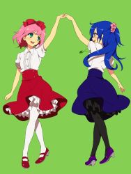 Rule 34 | 2girls, arm up, bad id, bad pixiv id, blue hair, blush, giggles (happy tree friends), green background, happy tree friends, hirosuke, hirosuke (psychexx), holding hands, long hair, multiple girls, pantyhose, personification, petunia (happy tree friends), pink hair, short hair, simple background, smile
