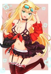 Rule 34 | 1girl, absurdres, animal ears, bad id, bad pixiv id, bikini, black bikini, black dress, blonde hair, blush, bow, bra, breasts, cat ears, cleavage, dress, green eyes, highres, jacket, jacket off shoulders, lace, lace-trimmed bra, lace trim, long hair, looking at viewer, off shoulder, open clothes, open mouth, original, panties, ribbon, skirt, smile, solo, striped, swimsuit, underwear, yeyebirdie