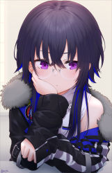 Rule 34 | 1girl, basa rutan, bespectacled, black jacket, blue hair, closed mouth, eyebrows hidden by hair, fur-trimmed jacket, fur trim, glasses, hair between eyes, highres, ichinose uruha, jacket, long sleeves, looking away, looking to the side, multicolored hair, off shoulder, open clothes, open jacket, purple eyes, shirt, signature, sleeveless, sleeveless shirt, sleeves past wrists, solo, streaked hair, upper body, virtual youtuber, vspo!, white shirt