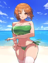 Rule 34 | 1girl, absurdres, bare shoulders, beach, bikini, blue sky, breasts, brown eyes, brown hair, cloud, cloudy sky, commentary, day, girls und panzer, green bikini, heart, heart-shaped pupils, highres, horizon, large breasts, looking at viewer, navel, nishizumi miho, ocean, one eye closed, open mouth, oshiri seijin, outdoors, short hair, side-tie bikini bottom, skindentation, sky, smile, solo, standing, strapless, strapless bikini, swimsuit, symbol-shaped pupils, thighhighs, thighs, water drop, white thighhighs, wind