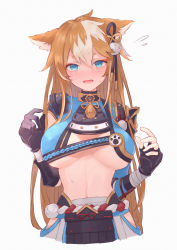 Rule 34 | 1girl, @ @, animal ears, armor, asymmetrical gloves, black gloves, blonde hair, blue eyes, breasts, cropped torso, elbow gloves, flying sweatdrops, genshin impact, gloves, grey skirt, highres, hina (genshin impact), hip vent, japanese armor, japanese clothes, large breasts, long hair, looking at viewer, mismatched gloves, multicolored hair, navel, open mouth, partially fingerless gloves, pom pom (clothes), simple background, skirt, sleeveless, solo, sweat, tassel, two-tone hair, underboob, very long hair, white background, white hair, yamabuki (yamabuki xxxxx)