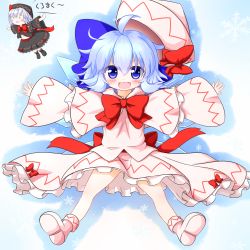 Rule 34 | :3, :d, blue eyes, blue hair, bow, cirno, cosplay, dress, frilled dress, frills, hair bow, hat, hat bow, highres, is that so, letty whiterock, lily black, lily black (cosplay), lily white, lily white (cosplay), mofu mofu, open mouth, outstretched arms, short hair, smile, spread arms, touhou, wings