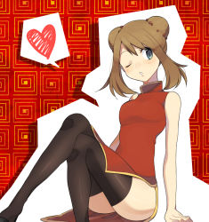 Rule 34 | 10s, 1girl, ;o, arm support, bare shoulders, blowing kiss, blue eyes, blush, breasts, brown hair, character cutout, china dress, chinese clothes, closed eyes, creatures (company), crossed legs, double bun, dress, game freak, hair bun, heart, may (pokemon), may (pokemon oras), nintendo, one eye closed, parted lips, petagon, pokemon, pokemon oras, sitting, solo, spoken heart, thighhighs