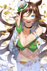 Rule 34 | 1girl, ;d, animal ears, arm strap, blue eyes, brown hair, choker, collarbone, commentary request, cowboy shot, crop top, green shirt, hair between eyes, hamanekoko, hat, highres, horse ears, jacket, long hair, long sleeves, looking at viewer, midriff, mini hat, mini top hat, mr. c.b. (umamusume), navel, one eye closed, open clothes, open jacket, open mouth, pants, shirt, single bare shoulder, single sleeve, smile, solo, standing, stomach, strapless, strapless shirt, top hat, umamusume, very long hair, white hat, white jacket, white pants