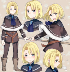 Rule 34 | 1boy, aged down, arms at sides, ascot, black capelet, black pants, blonde hair, blue ascot, blue gemstone, blue hair, blush, boots, breath, brown background, brown footwear, capelet, child, closed mouth, dimitri alexandre blaiddyd, fire emblem, fire emblem: three houses, frown, full body, fur-trimmed capelet, fur trim, gem, haru (nakajou-28), highres, holding, holding weapon, knee boots, long sleeves, male focus, multiple boys, multiple views, nintendo, open mouth, pants, polearm, profile, simple background, smile, snowflakes, standing, teeth, upper body, upper teeth only, v-shaped eyebrows, weapon