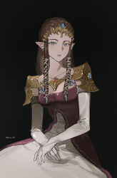 Rule 34 | 1girl, akihare, armor, black background, blue eyes, brown hair, dress, earrings, elbow gloves, gloves, highres, jewelry, long hair, looking at viewer, nintendo, parted lips, pointy ears, princess zelda, shoulder armor, solo, the legend of zelda, the legend of zelda: twilight princess, tiara, twitter username, white gloves