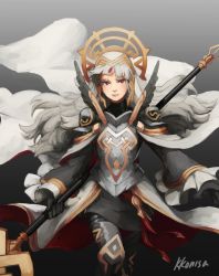 Rule 34 | 1girl, armor, artist name, black armor, black gloves, cape, closed mouth, crown, fire emblem, fire emblem heroes, gloves, grey background, grey hair, hair ornament, highres, holding, holding staff, kkonisa, long hair, long sleeves, nintendo, red eyes, shoulder armor, simple background, solo, staff, veronica (fire emblem)