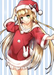 Rule 34 | 1girl, bare shoulders, blonde hair, blush, bow, closed mouth, collarbone, commentary, cowboy shot, green eyes, hat, hat bow, highres, long hair, looking at viewer, mononobe alice, nakano maru, nijisanji, pom pom (clothes), santa costume, santa hat, short sleeves, skirt, smile, solo, standing, very long hair, virtual youtuber, wide sleeves