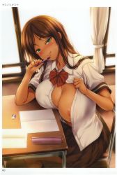 Rule 34 | 1girl, :q, absurdres, areola slip, artist name, black skirt, blush, border, bow, bowtie, breasts, brown hair, buttons, chair, classroom, closed mouth, clothes pull, collared shirt, curtains, dark-skinned female, dark skin, day, desk, dress shirt, eraser, fingernails, flashing, green eyes, half-closed eyes, head tilt, highres, holding, holding pen, indoors, large breasts, licking lips, long hair, looking at viewer, miniskirt, naughty face, no bra, non-web source, notebook, original, page number, parted bangs, pen, pencil case, pleated skirt, presenting, pulling own clothes, red bow, red bowtie, scan, school chair, school desk, shirt, shirt pull, short sleeves, sitting, skirt, smile, solo, sweat, tombow mono, tongue, tongue out, toranoana, white border, white shirt, window, wing collar, yasui riosuke