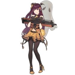 Rule 34 | 1girl, bare shoulders, bat hair ornament, belt, black gloves, black pantyhose, bow, bullpup, carrying, carrying under arm, dress, duoyuanjun, eyebrows, food-themed hair ornament, full body, ghost, girls&#039; frontline, gloves, gun, hair bow, hair ornament, hair ribbon, halloween, halloween costume, high heels, holding, long hair, looking away, looking to the side, navel, necktie, official alternate costume, official art, open mouth, pantyhose, personification, pumpkin, pumpkin hair ornament, purple hair, red eyes, ribbon, rifle, sniper rifle, solo, standing, transparent background, very long hair, wa2000 (girls&#039; frontline), wa2000 (haunted castle) (girls&#039; frontline), walther, walther wa 2000, weapon