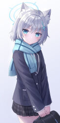 Rule 34 | 1girl, absurdres, aged down, animal ear fluff, animal ears, bag, black bag, black jacket, black skirt, blue archive, blue eyes, blue scarf, bright pupils, closed mouth, cross hair ornament, gradient background, grey hair, hair ornament, halo, highres, holding, holding bag, jacket, long sleeves, looking at viewer, mismatched pupils, scarf, school bag, school uniform, seungju lee, shiroko (blue archive), short hair, simple background, skirt, solo, white pupils, wolf ears