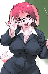 Rule 34 | 1girl, bad id, bad pixiv id, breasts, formal, furry, furry female, glasses, kikurage (crayon arts), large breasts, looking at viewer, office lady, open mouth, semi-rimless eyewear, smile, solo, suit, tail, teacher, under-rim eyewear