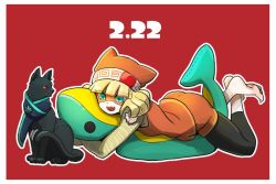 Rule 34 | 1girl, 2018, arms (game), barefoot, beanie, black cat, blonde hair, cat, cat girl, colk (colk com), domino mask, fang, green eyes, hat, lying, mask, min min (arms), nintendo, hugging object, on stomach, pillow, pillow hug, red background, scarf, solo