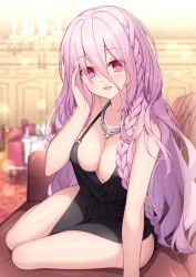 Rule 34 | 1girl, :d, bare arms, bare shoulders, black dress, blurry, blurry background, braid, breasts, chair, cleavage, commentary request, commission, couch, date a live, depth of field, downblouse, dress, glint, hair between eyes, hand up, highres, indoors, long hair, looking at viewer, medium breasts, no bra, on couch, open mouth, pink hair, pixiv commission, purple eyes, sitting, sleeveless, sleeveless dress, smile, solo, sonogami rinne, t@ke-g, table, very long hair, yokozuwari