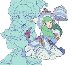 Rule 34 | 1girl, animal costume, animal hands, bell, blue dress, cat costume, cat paws, cat tail, do m kaeru, dress, female focus, fire emblem, fire emblem awakening, fire emblem heroes, fish, flayn (fire emblem), flayn (halloween) (fire emblem), green eyes, green hair, long hair, looking at viewer, matching hair/eyes, multiple views, nintendo, official alternate costume, open mouth, parasol, smile, solo, striped leggings, striped sleeves, tail, umbrella, white background