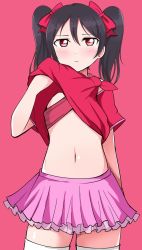 Rule 34 | 1girl, bikini, bikini under clothes, black hair, blush, bow, clothes lift, commentary, cowboy shot, flat chest, hair bow, halterneck, highres, lifted by self, looking at viewer, love live!, love live! school idol project, midriff, miniskirt, navel, pleated skirt, red background, red bikini, red eyes, shirt lift, simple background, skirt, solo, stomach, swimsuit, thighs, twintails, wewe, yazawa nico