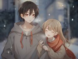 Rule 34 | 1boy, 1girl, black hair, blurry, blurry background, blush, brown sweater, closed eyes, commentary, couple, drawstring, facing viewer, grey hoodie, highres, holding another&#039;s arm, hood, hood down, hoodie, light brown hair, long hair, looking at another, open mouth, original, outdoors, red eyes, red scarf, scarf, shirt, short hair, sleeves past wrists, smile, snowing, sumi 0525, sweater, teeth, twitter username, upper body, upper teeth only, white shirt