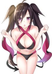 Rule 34 | 1girl, absurdres, ahoge, bad id, bad pixiv id, bikini, black bikini, black hair, blush, breasts, cleavage, collarbone, cowboy shot, criss-cross halter, demon girl, demon tail, fang, hair between eyes, hair over one eye, halterneck, heart, heart-shaped pupils, highres, kurohikage, large breasts, leaning forward, long hair, looking at viewer, multicolored hair, navel, nijisanji, open mouth, pointy ears, purple bikini, purple eyes, purple hair, simple background, skin fang, solo, swimsuit, symbol-shaped pupils, tail, transparent background, twintails, two-tone bikini, two-tone hair, very long hair, virtual youtuber, wavy hair, white background, yamiyono moruru
