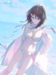 Rule 34 | 1girl, absurdres, ahoge, arknights, artist name, bare shoulders, bikini, bird, black hair, blue sky, breasts, cleavage, closed mouth, collarbone, dated, day, feet out of frame, frilled bikini, frills, goggles, goggles around neck, hair intakes, highres, horizon, jacket, la pluma (arknights), la pluma (summer flowers) (arknights), lanjing, long sleeves, looking at viewer, medium breasts, navel, ocean, off shoulder, official alternate costume, open clothes, open jacket, outdoors, short hair, sky, smile, solo, standing, stomach, swimsuit, unzipped, water, white bikini, white jacket