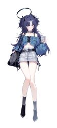 Rule 34 | 1girl, absurdres, alternate costume, bag, bare shoulders, belt, black bag, black belt, black camisole, black choker, black footwear, black halo, black socks, blue archive, blue eyes, blue hair, blue jacket, blush, breasts, camisole, cellphone, choker, closed mouth, collarbone, denim, denim skirt, front-tie top, full body, g5 (g5 gugu), grey skirt, hair ornament, halo, highres, holding, holding phone, jacket, long hair, long sleeves, looking at viewer, mechanical halo, midriff, miniskirt, o-ring, o-ring choker, off-shoulder jacket, off shoulder, parted bangs, phone, puffy long sleeves, puffy sleeves, purple eyes, purple hair, shoes, shoulder bag, simple background, skirt, small breasts, smartphone, socks, solo, standing, thighs, triangle hair ornament, two side up, white background, white skirt, yuuka (blue archive)
