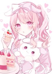 Rule 34 | 1other, absurdres, akiyama mizuki, androgynous, birthday cake, cake, cross-laced clothes, cross-laced sleeves, drill hair, food, fur hairband, highres, holding, holding food, holding stuffed toy, long hair, long sleeves, looking at viewer, other focus, pink eyes, pink hair, project sekai, side drill, side ponytail, sleepwear, soshite ima ribbon wo musunde (project sekai), stuffed animal, stuffed rabbit, stuffed toy, xokikox