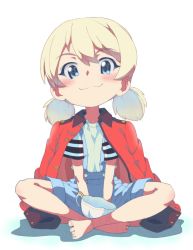Rule 34 | 1girl, :3, aged down, barefoot, blonde hair, blue eyes, coat, coat on shoulders, cup, darjeeling (girls und panzer), girls und panzer, indian style, kayabakoro, shorts, sitting, solo, teacup, twintails, white background