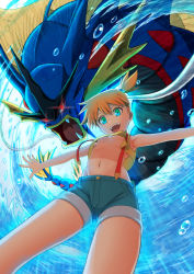 Rule 34 | 1girl, :d, armpits, bare arms, breasts, bubble, creatures (company), denim, denim shorts, fangs, game freak, gen 1 pokemon, glowing, glowing eyes, green eyes, gyarados, looking at viewer, mega gyarados, mega pokemon, misty (pokemon), navel, nintendo, no bra, open mouth, orange hair, outstretched arms, pavelnedved11, pokemon, pokemon (anime), pokemon (classic anime), pokemon (creature), pokemon sm043, pokemon sm (anime), red eyes, short ponytail, shorts, smile, spread arms, stomach, suspenders, teeth, underboob, water
