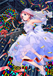 Rule 34 | 1girl, assault rifle, bare shoulders, blue eyes, bridal veil, dress, earrings, elbow gloves, glasses, gloves, gun, hair ribbon, highres, jewelry, jumping, legs, m4 carbine, machine gun, necklace, original, pink hair, ribbon, rifle, shell casing, shoes, short hair, smile, solo, stained glass, tsurukame (doku), veil, weapon, wedding dress