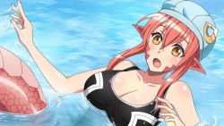 Rule 34 | 1girl, artist request, bare shoulders, blush, breasts, cleavage, game cg, hat ornament, lamia, large breasts, long hair, miia (monster musume), monster girl, monster musume no iru nichijou, monster musume no iru nichijou online, official alternate costume, official art, one-piece swimsuit, partially submerged, pointy ears, red hair, scales, slit pupils, solo, swim cap, swimsuit, yellow eyes