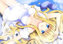 Rule 34 | 00s, 1girl, air (visual novel), blonde hair, blue eyes, blush, breasts, cleavage, dinosaur, dress, from above, hand on forehead, highres, kamio misuzu, long hair, looking up, lying, on back, open mouth, ponytail, ringo sui, shiny skin, shirt, solo, stuffed animal, stuffed toy, taut clothes, taut shirt, thigh gap, upside-down