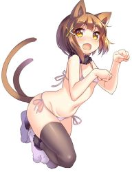 Rule 34 | 1girl, :d, animal ears, bikini, black thighhighs, brown hair, cat ears, cat tail, fang, hair ornament, jpeg artifacts, mokyu (kukoudesu), multiple tails, navel, open mouth, paw pose, paw shoes, shoes, short hair, side-tie bikini bottom, simple background, smile, solo, swimsuit, tail, thighhighs, white background, x hair ornament, yellow eyes
