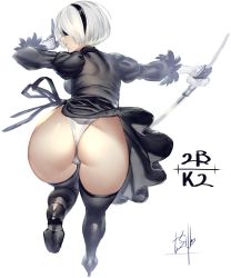 Rule 34 | ass, black blindfold, black dress, black hairband, blindfold, boots, covered eyes, dress, feather-trimmed sleeves, gloves, hairband, high heel boots, high heels, highres, juliet sleeves, kawarage, leotard, long sleeves, mole, mole under mouth, nier (series), nier:automata, puffy sleeves, solo, sword, thigh boots, thighhighs, thong leotard, weapon, white hair, white leotard, 2b (nier:automata)
