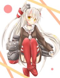 Rule 34 | 10s, 1girl, absurdres, amatsukaze (kancolle), bad id, bad pixiv id, choker, garter straps, hair tubes, hairband, highres, kantai collection, long hair, looking at viewer, rensouhou-kun, shoes, silver hair, striped clothes, striped thighhighs, thighhighs, two side up, yamine kuro, yellow eyes