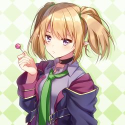Rule 34 | 1girl, absurdres, argyle, argyle background, argyle clothes, bad id, bad pixiv id, black choker, blonde hair, blue jacket, candy, chloe (princess connect!), choker, closed mouth, collared shirt, colored shadow, drop shadow, eyebrows hidden by hair, food, green necktie, hand up, highres, holding, holding candy, holding food, holding lollipop, hood, hooded coat, ichiren namiro, jacket, lollipop, long sleeves, looking at viewer, necktie, open clothes, open jacket, pointy ears, princess connect!, purple eyes, purple shirt, shadow, shirt, sidelocks, solo, twintails, upper body
