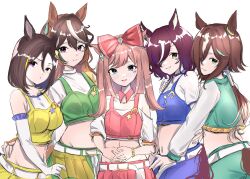 Rule 34 | 5girls, :d, agnes digital (umamusume), air groove (umamusume), animal ears, bare shoulders, blue choker, blue eyes, blue skirt, blush, bow, brown eyes, brown hair, choker, closed mouth, collar, collarbone, commentary request, crop top, detached collar, elbow gloves, fingerless gloves, frilled gloves, frills, gloves, green skirt, hair between eyes, hair bow, hair over one eye, hand on another&#039;s hip, highres, horse ears, horse girl, horse tail, long hair, midriff, multicolored hair, multiple girls, navel, off-shoulder shirt, off shoulder, open mouth, orange gloves, parted bangs, parted lips, pink collar, pink hair, pink skirt, pleated skirt, puffy short sleeves, puffy sleeves, purple eyes, red bow, shirt, short sleeves, simple background, skirt, sleeveless, sleeveless shirt, smile, star (symbol), streaked hair, symboli rudolf (umamusume), tail, tanino gimlet (umamusume), two-tone hair, umamusume, umayuru, very long hair, vodka (umamusume), white background, white gloves, white hair, white shirt, wing collar, yellow skirt, yoino iyo