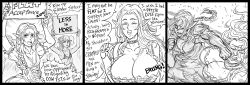 Rule 34 | 3girls, 3koma, ^ ^, absurdres, bb (baalbuddy), braid, braided ponytail, breasts, cleavage, closed eyes, comic, commentary, dress, elf, english commentary, english text, face punch, flat chest, greyscale, highres, holding, holding sign, huge breasts, in the face, monochrome, multiple girls, original, pointy ears, protest, punching, sign