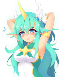 Rule 34 | 1girl, alternate costume, alternate hair color, animal ears, armpits, ayatori (aytr), bare shoulders, blush, breasts, closed mouth, elbow gloves, frown, gloves, green eyes, green hair, hair between eyes, hair ornament, highres, horns, large breasts, league of legends, long hair, magical girl, pointy ears, single horn, solo, soraka (league of legends), star guardian (league of legends), star guardian soraka, very long hair, white gloves, wings