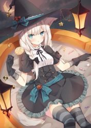 Rule 34 | 1girl, :o, animal ear fluff, animal ears, black bow, black gloves, black hat, black ribbon, black skirt, blue bow, blue eyes, blush, bow, braid, breasts, brooch, candy, candy wrapper, commentary request, crescent moon, food, frilled skirt, frills, gloves, hair bow, halloween, hat, hat bow, highres, holding, holding candy, holding food, holding lollipop, hoshi (snacherubi), jewelry, lantern, lollipop, long hair, looking at viewer, marshmallow, moon, neck ribbon, original, parted lips, ribbon, shirt, short sleeves, skirt, small breasts, solo, star (symbol), striped clothes, striped thighhighs, swirl lollipop, thighhighs, twin braids, white hair, white shirt, witch hat