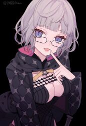 Rule 34 | 1388chan, 1girl, black-framed eyewear, black background, black dress, black jacket, blue eyes, breasts, cleavage, coat, cropped jacket, dress, fate/grand order, fate (series), finger to mouth, glasses, grey hair, highres, hood, hooded dress, hooded jacket, jacket, jacques de molay (foreigner) (fate), jacques de molay (foreigner) (second ascension) (fate), knights templar, large breasts, long sleeves, looking at viewer, open clothes, open jacket, open mouth, padded coat, short hair, simple background, smile, solo