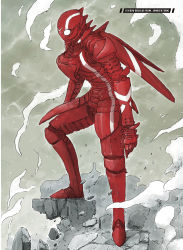 Rule 34 | 1boy, absurdres, alternate language, armor, character name, cloud, cloudy sky, english text, gauntlets, gloves, greaves, hard-translated, helmet, highres, huge filesize, nihei tsutomu, ningyou no kuni, non-web source, official art, red armor, rock, sky, smoke, solo, standing, third-party edit
