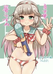 Rule 34 | 1girl, absurdres, alternate costume, bikini, blue sailor collar, breasts, character name, commentary request, cowboy shot, green eyes, grey hair, hairband, highres, kantai collection, kitahama (siroimakeinu831), long hair, looking at viewer, low twintails, mikura (kancolle), navel, one-hour drawing challenge, red bikini, red scrunchie, sailor bikini, sailor collar, scrunchie, side-tie bikini bottom, small breasts, solo, striped bikini, striped clothes, swimsuit, twintails, twitter username, v, water gun, white background, wrist scrunchie